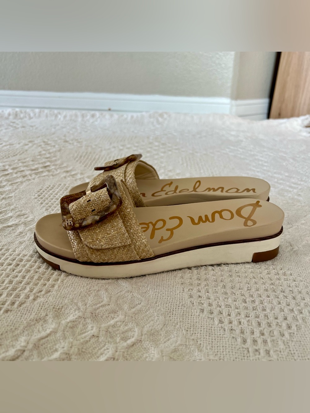Sam Edelman Ariane Wedge Sandals Raffia Oversized Tortoise Shell Buckle Size 8 - Picture 8 of 15